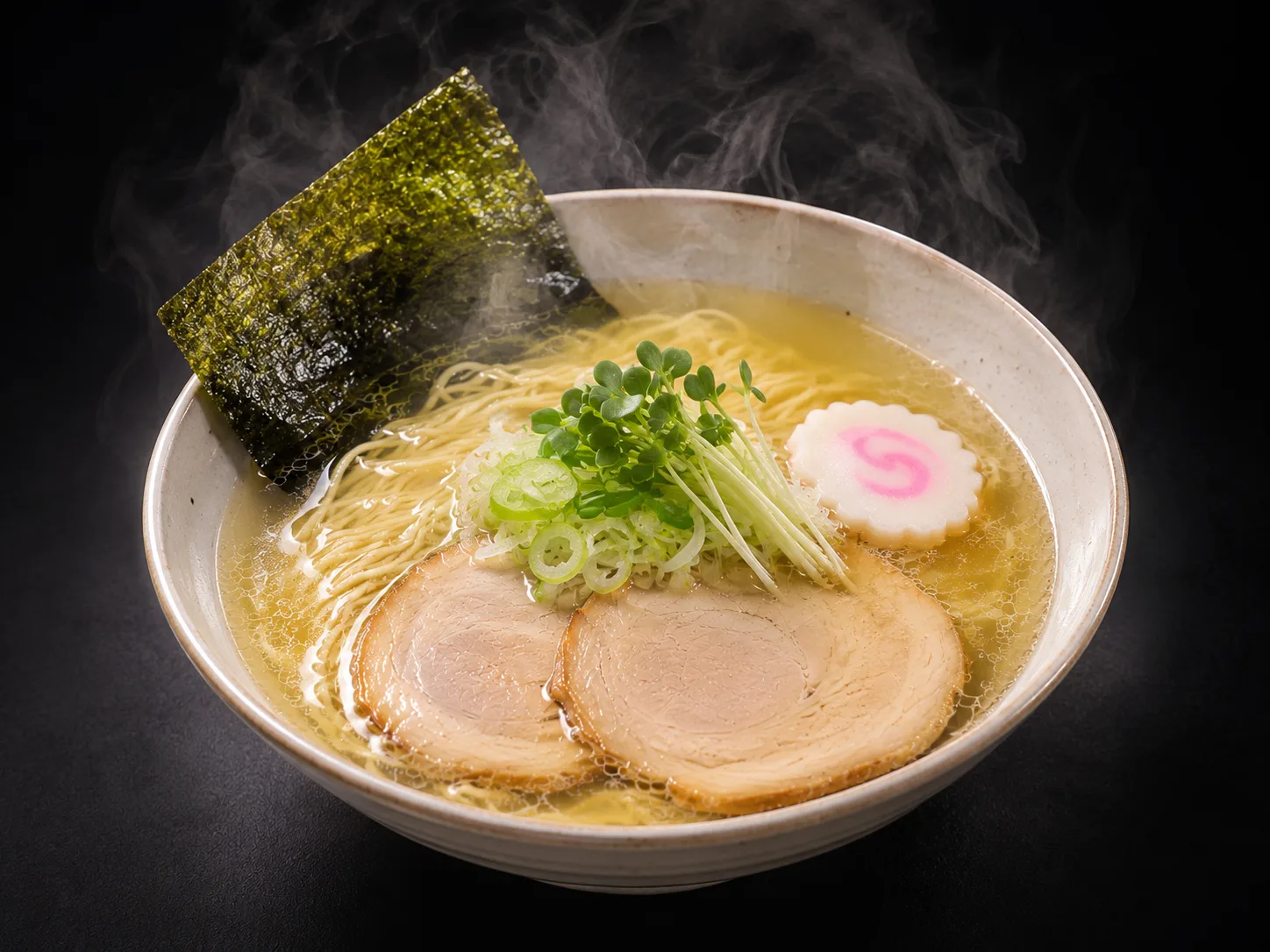 湯気の立つ、透き通った塩らーめん